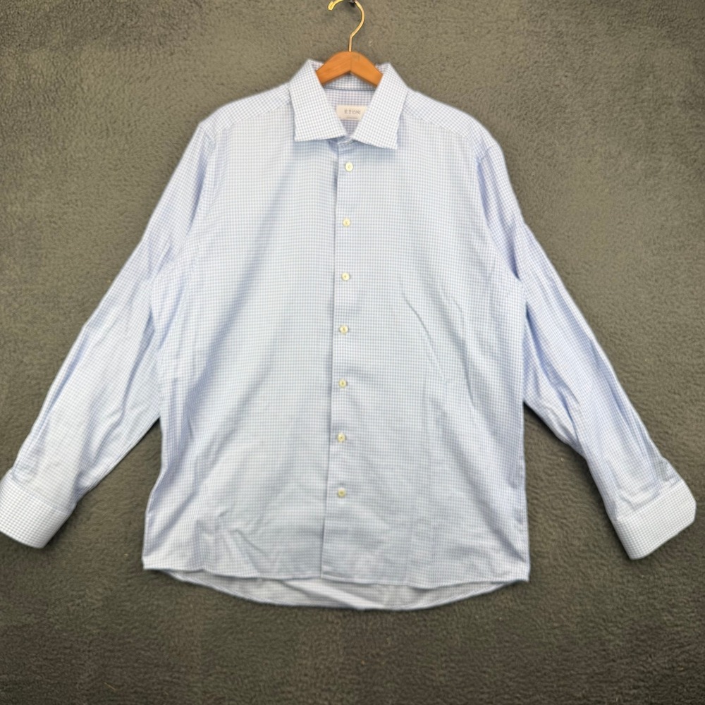 Eton Contemporary Fit Dress Shirt Mens 18 46 Light Blue Houndstooth Long Sleeve